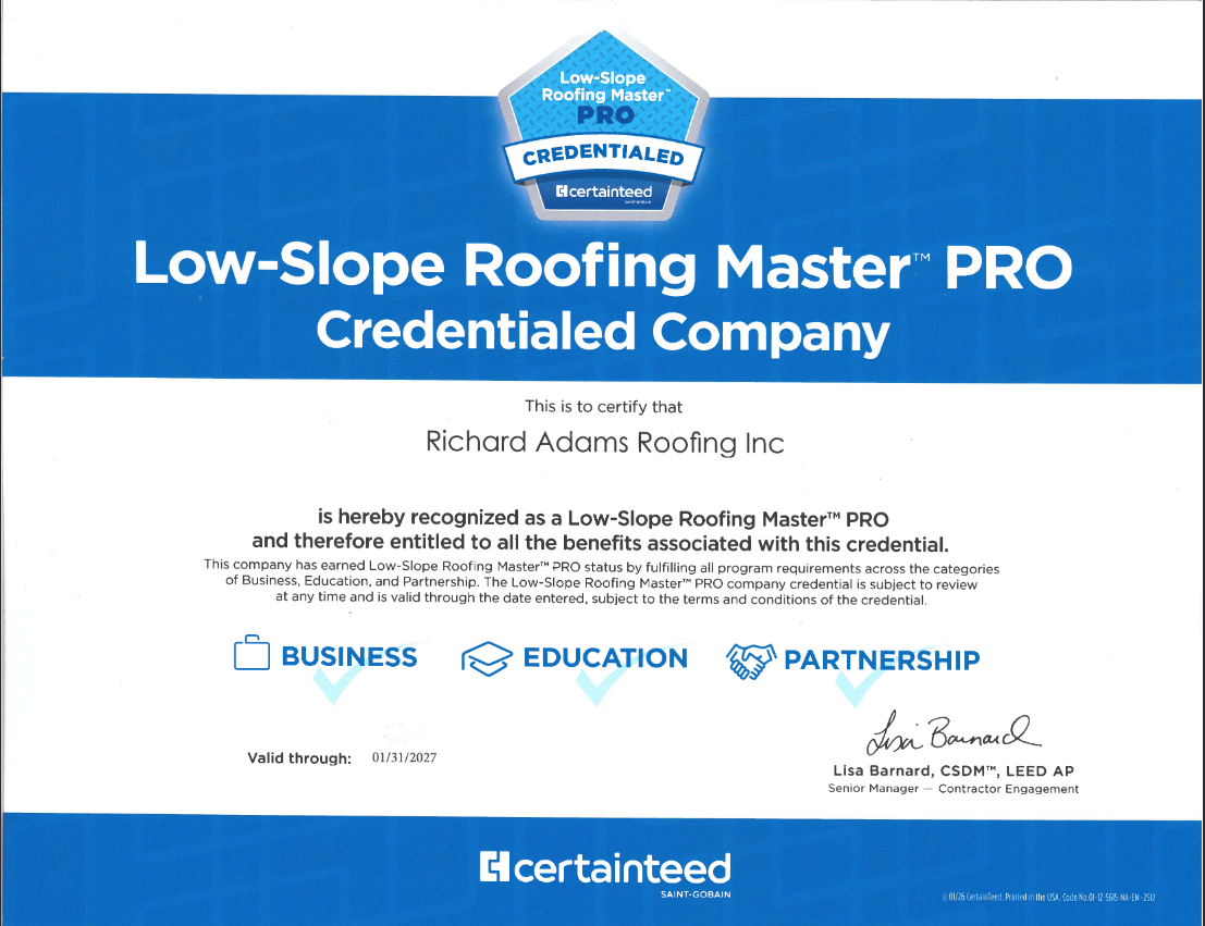 Low-Slope Roofing Master PRO Credentialed Company certificate for Richard Adams Roofing Inc