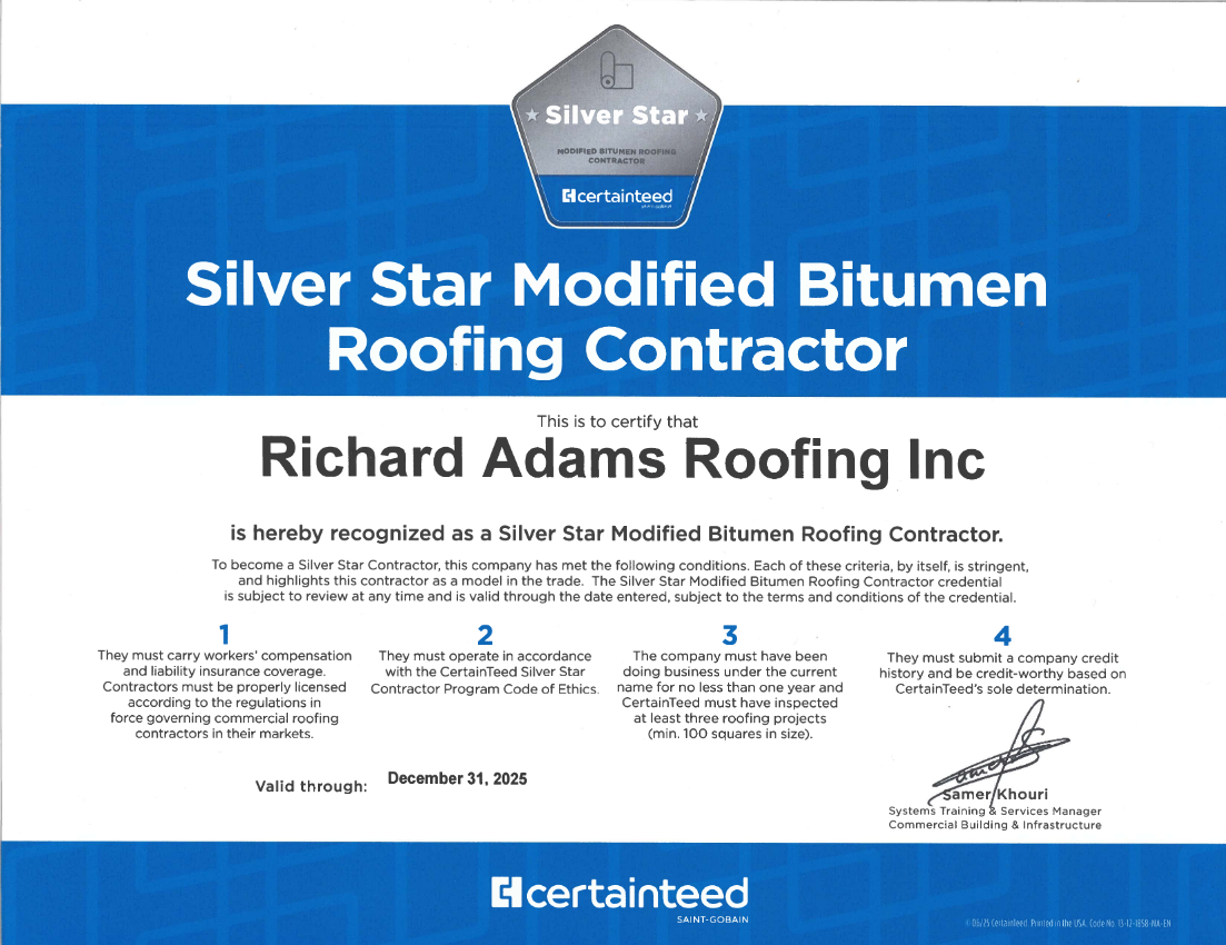 Silver Star Modified Bitumen Roofing Contractor certificate for Richard Adams Roofing Inc